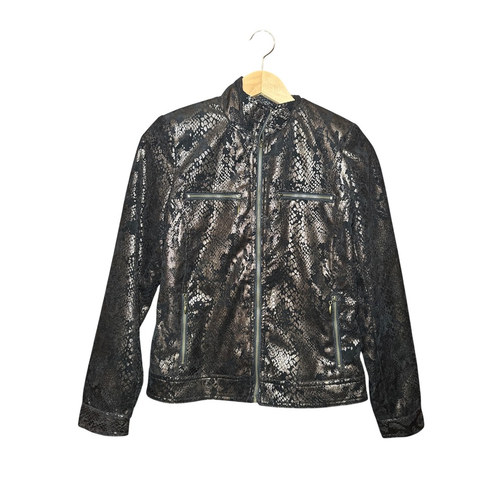 Rachel Adams Womens Bronze Black Snakeskin Metallic Moto Jacket Size Small